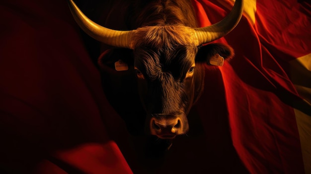 A bull with horns is in front of a red cloth.