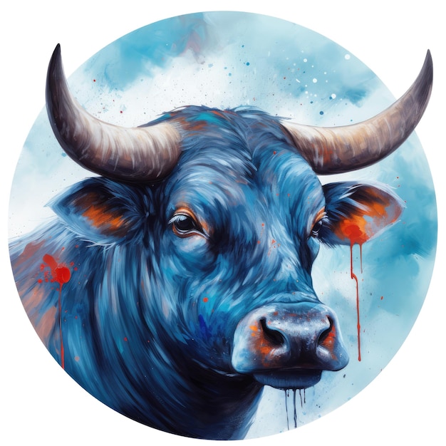 A bull with horns is painted on a blue circle generative ai