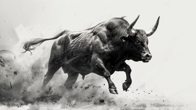 a bull with horns is running through the dust