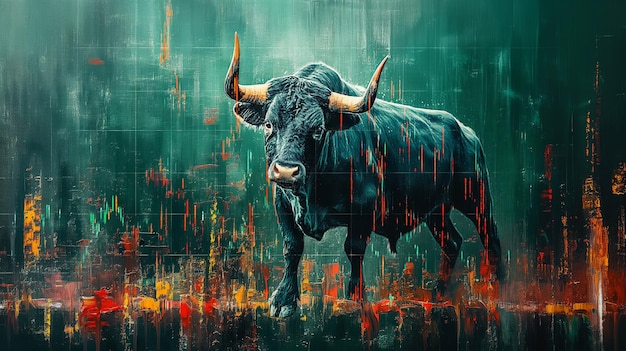 A bull with horns is standing in a field of red yellow and blue paint