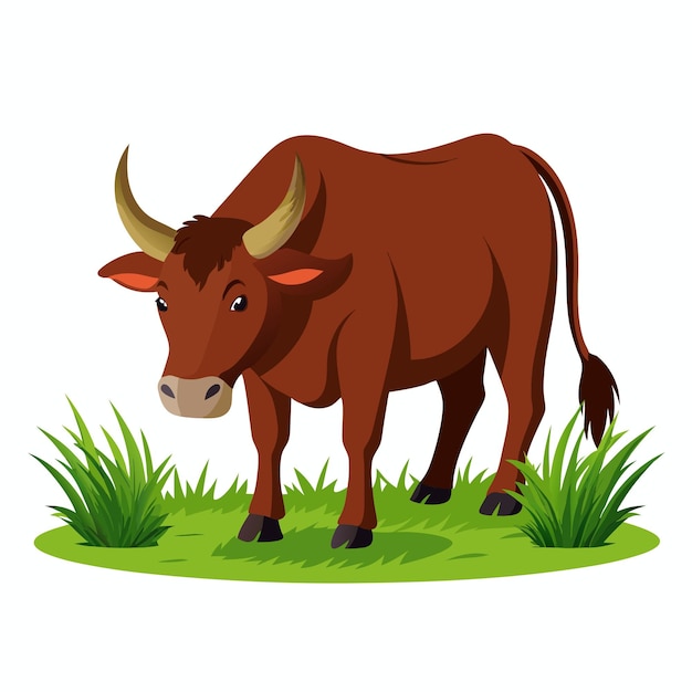 a bull with horns is standing in the grass