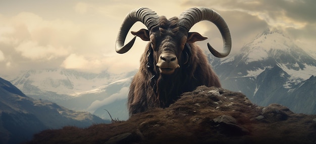 A bull with horns spiraled like ancient symbols its hooves barely touching the ground levitates above a mountaintop its form radiating mystical energy