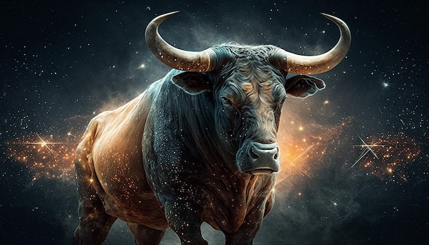 A bull with horns stands in front of a glowing background.