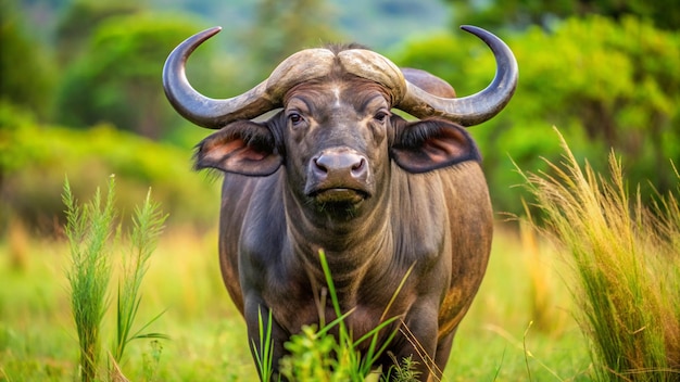 a bull with horns that is standing in the grass