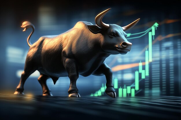 a bull with market graphs behind bull market