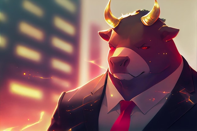 A bull with red eyes and a red blaze on his face stands in front of a cityscape.