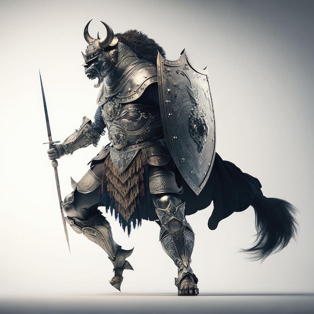 A bull with a sword and a shield on his head is holding a sword.