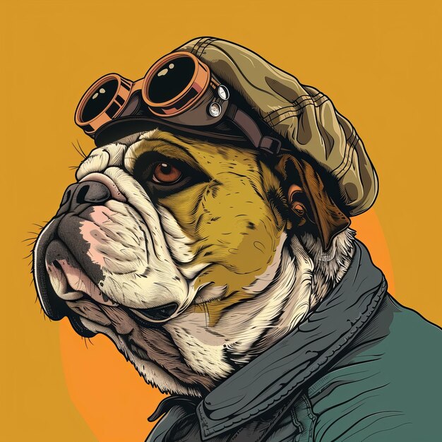 Bulldog in aviator helmet and glasses on yellow background Vector illustration