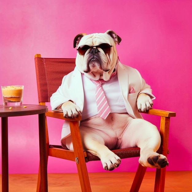 Photo bulldog in business clothes and sunglasses sitting on a chair on a pink background generative ai