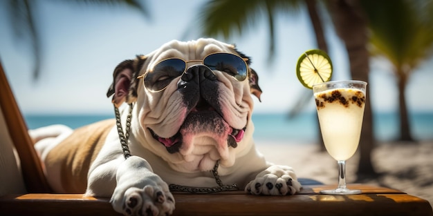 Bulldog dog is on summer vacation at seaside resort and relaxing rest on summer beach of Hawaii