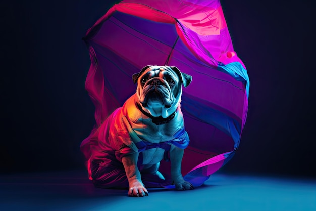 Bulldog dog in modern art with colorful parachute generative IA