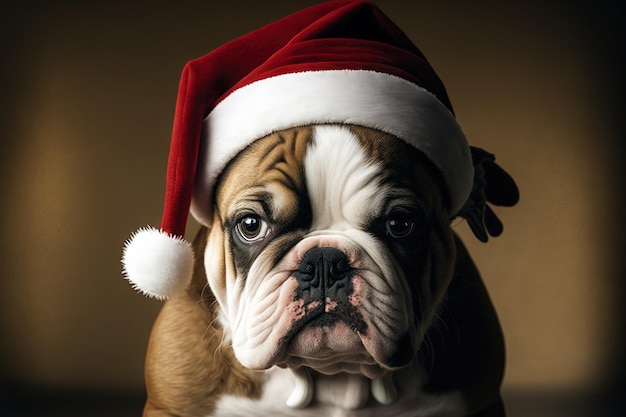 Bulldog puppy in a sweet santa hat portrait