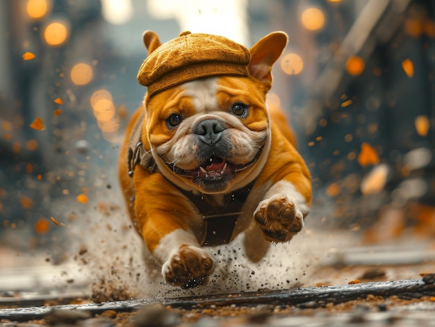 Bulldog running in the rain