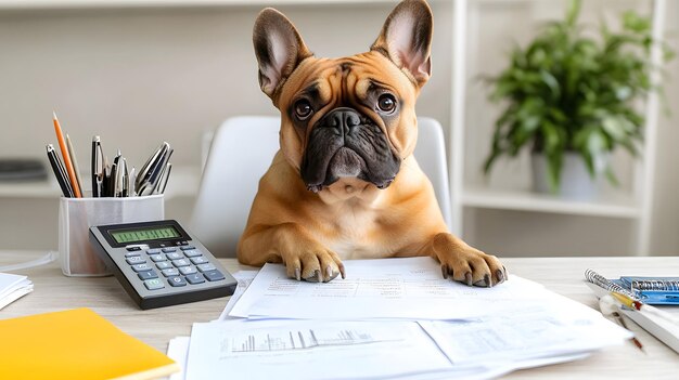 Photo a bulldog sitting at a desk with financial documents and a calculator working on budgeting realistic photos