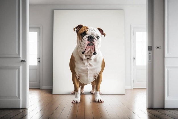 A bulldog stands in a living room with two doors behind it.