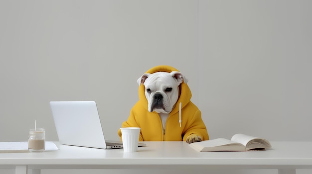 Bulldog in a sweater sitting in a study with a mug and stacks of books