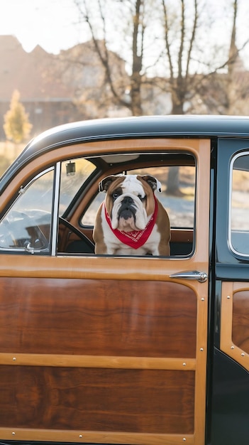 Photo bulldog traveling on the car to the sea