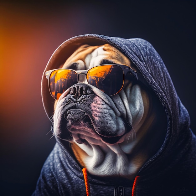 Bulldog wearing cool sunglasses wearing a hoodie generative AI