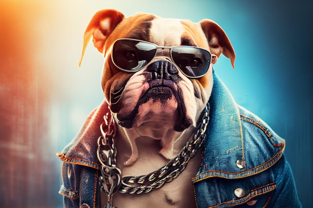 A bulldog wearing a denim jacket and sunglasses.