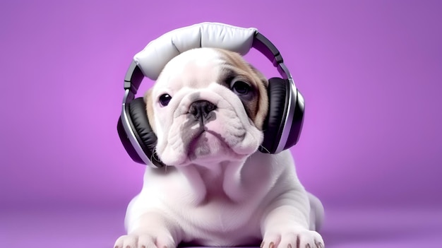 bulldog wearing headphones on purple background