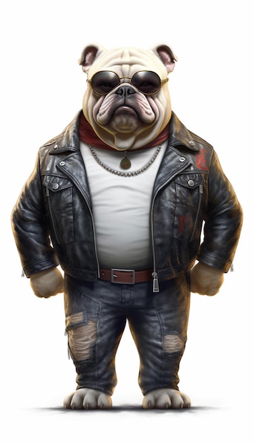 A bulldog wearing a leather jacket and a shirt that says'dog '