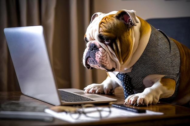 Bulldog wearing shirt and tie sitting in front of laptop computer Generative AI