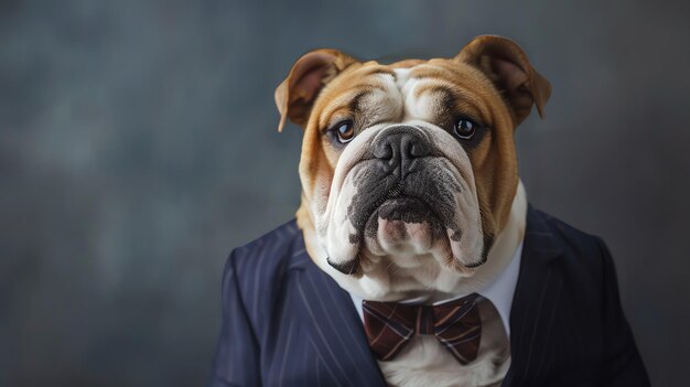 Photo a bulldog wearing a suit and bowtie looks directly at the camera