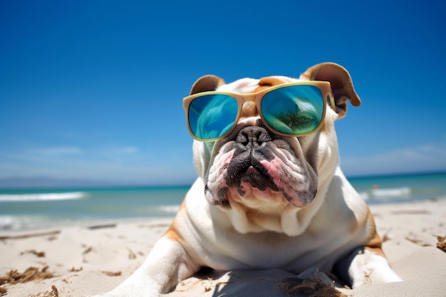 A bulldog wearing sunglasses on a beach