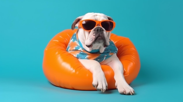 A bulldog wearing sunglasses sits on an orange float with a blue background.