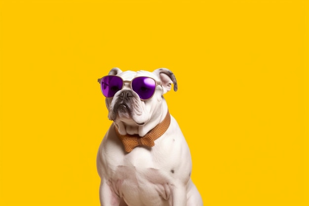 A bulldog wearing sunglasses on yellow background