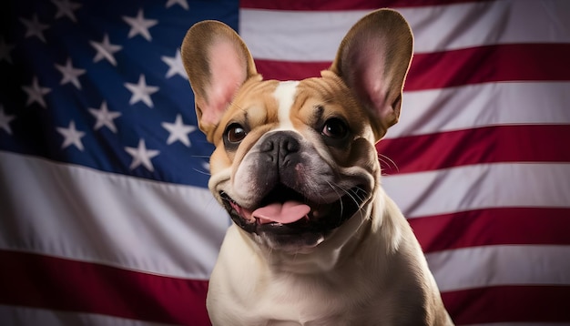 Photo bulldog with a big smile on its face is shown in front of a usa flag