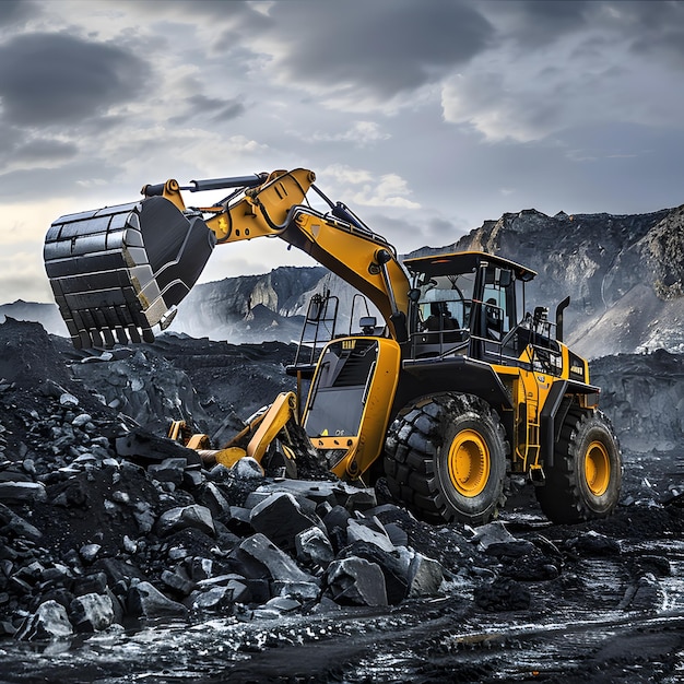 a bulldozer is digging in a pile of rocks