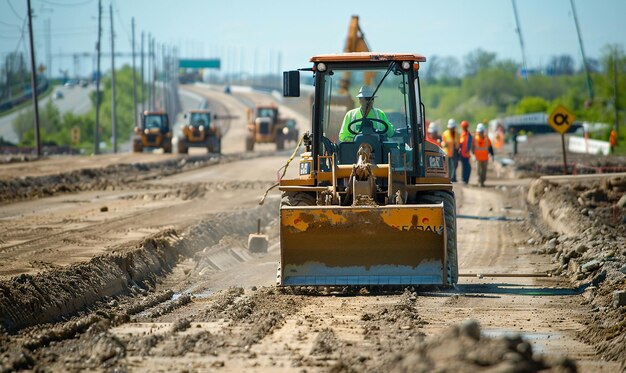 a bulldozer is driving down a dirt road