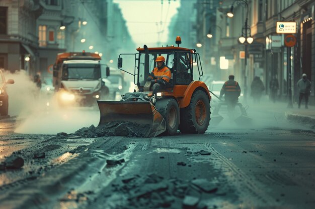 Photo a bulldozer is driving down a street with a truck in the background