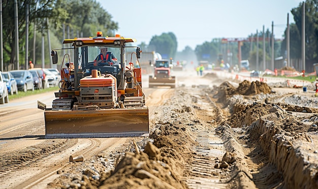 a bulldozer is driving through a muddy area