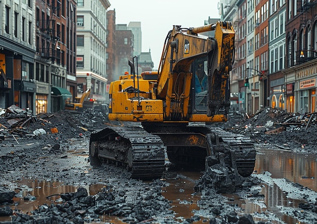 a bulldozer is in a flooded street and is in the water