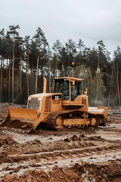 a bulldozer is in the mud and is in the dirt