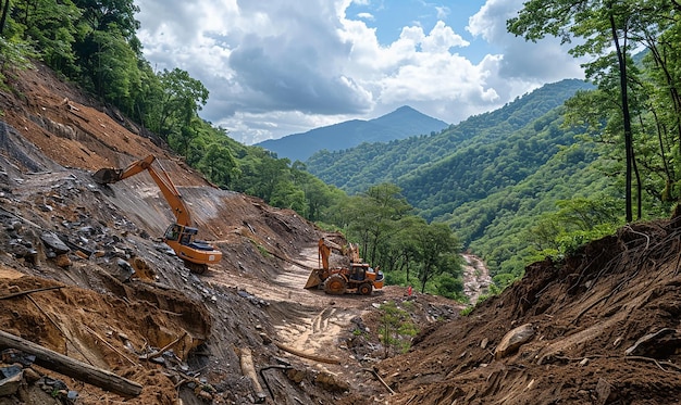 a bulldozer is on a road in a mountain valley