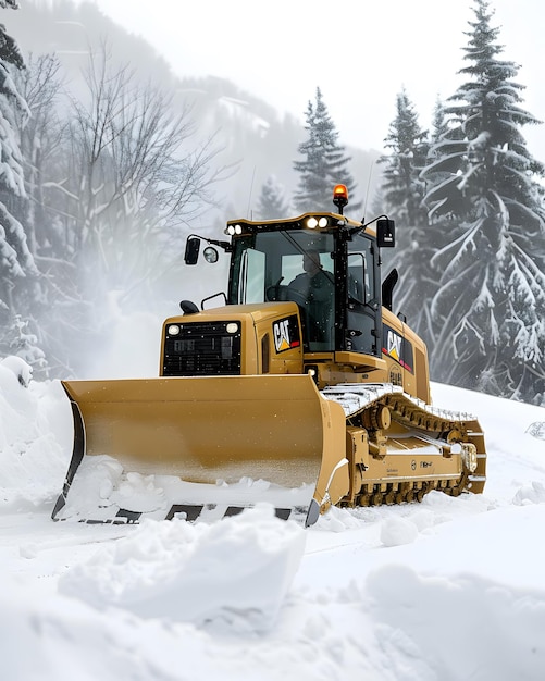 a bulldozer is shoveling snow in the forest