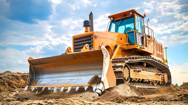 a bulldozer is sitting in the dirt and is in the dirt