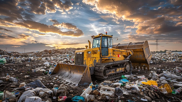 a bulldozer is sitting in a dump with trash in the background