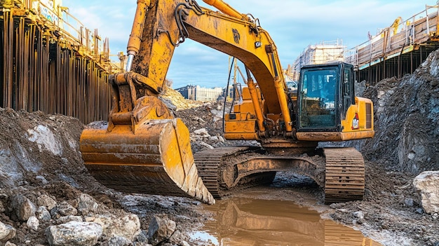 a bulldozer is sitting in the mud and is being used to work