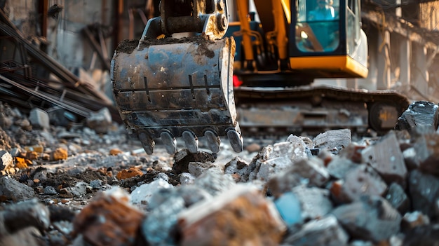 a bulldozer is sitting in a pile of rubble