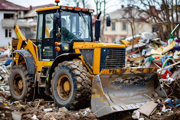 a bulldozer is sitting in a pile of rubble