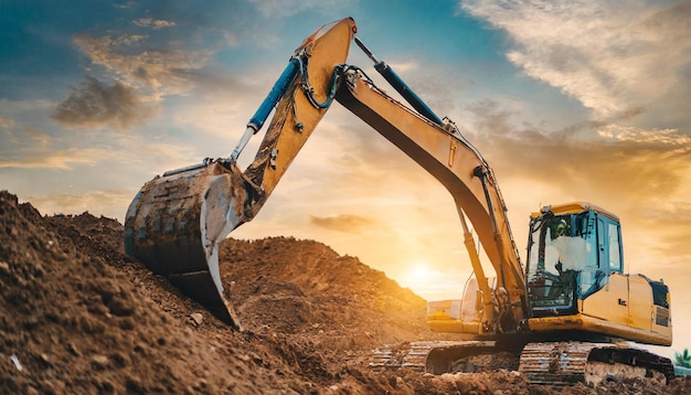 Photo a bulldozer in a quarry with a sunset background