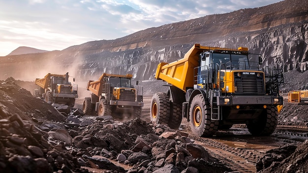 a bulldozer with a load of coal in the background