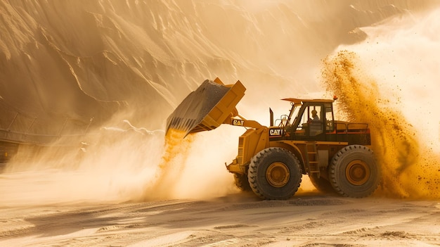 a bulldozer with a load of dust in the background