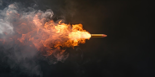 bullet is shot in the air with a glowing flame slow motion on dark background