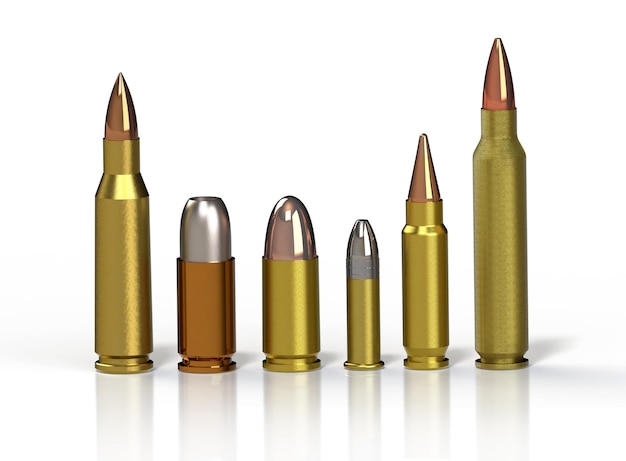 Bullet. Row of different bullets on a reflective floor over a white background