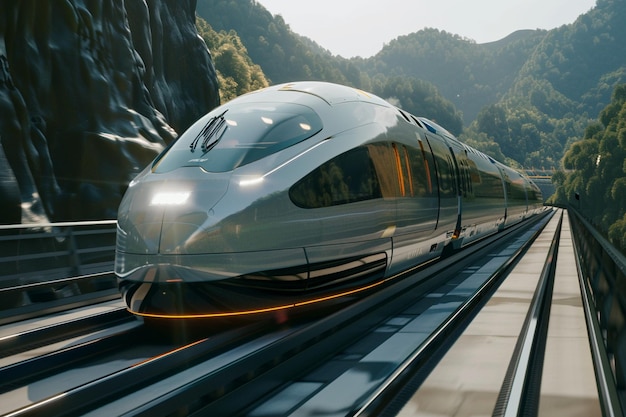 Photo a bullet train is going down the tracks in front of a mountain